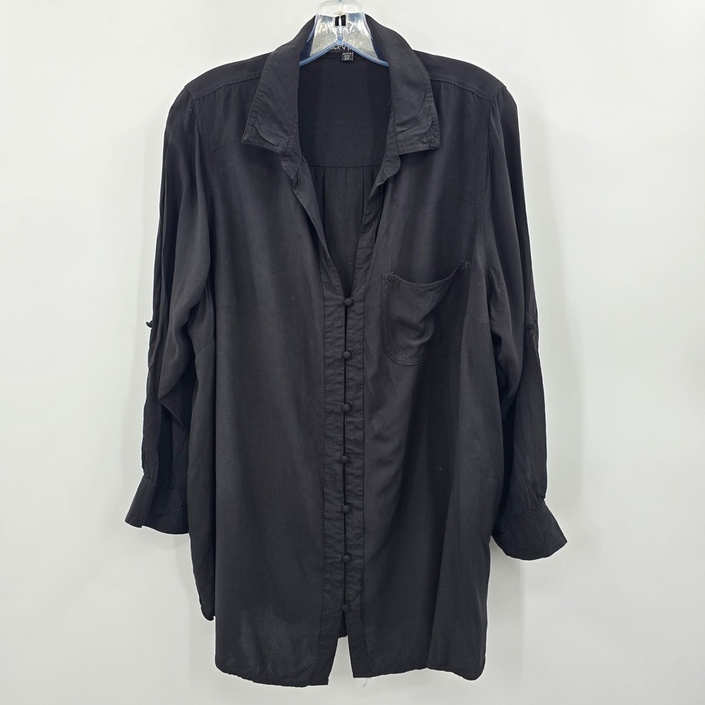 Velvet Heart Blouse Womens 2X Black Rayon Roll Tab Button Down Shirt
